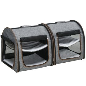 39" Portable Twin Compartment Show House Cat Cage/Condo, Soft-Sided Pet kennel, Dual Compartment, Soft Cushions & Storage Bag, Gray