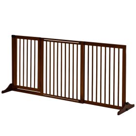 Freestanding Length Adjustable Wooden Pet Gate with Lockable Door 3 Panels, Brown